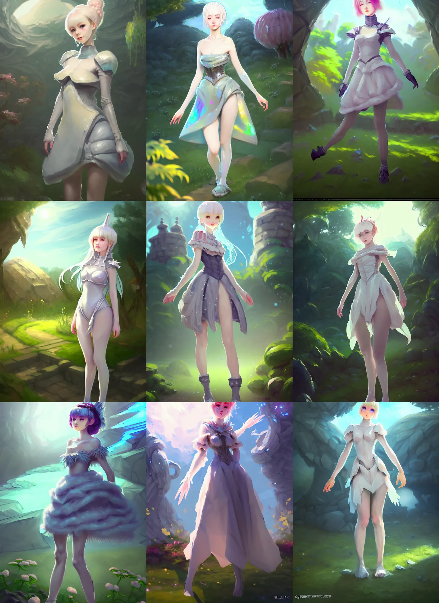 Prompt: speedpaint digital style, costume design from ice golem designers, artist reference pictures pose, sophisticated composition, old masters light composition, procedurally generated, epic kawaii human girl character posing for concept art, ancient garden behind her, substance designer, PBR, HD, Ultra detailed, hyperrealistic, megascans, volumetric light, concept by master artist, made in paint tool SAI2, trending pixiv face