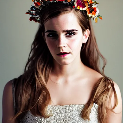 Prompt: emma watson with a multiflower crown princess, sensual, beautiful soft light failling on her face, studio photography, nikon 3 5 mm portrait photography, ultra realistic