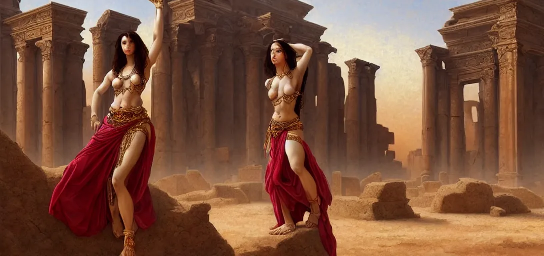 Prompt: renaissance full body portrait of female bellydancers in the desert among ancient ruins, lean and toned, cute face, d & d, intricate, elegant, highly detailed, digital painting, artstation, concept art, matte, sharp focus, illustration, art by da vinci, artgerm and greg rutkowski and alphonse mucha