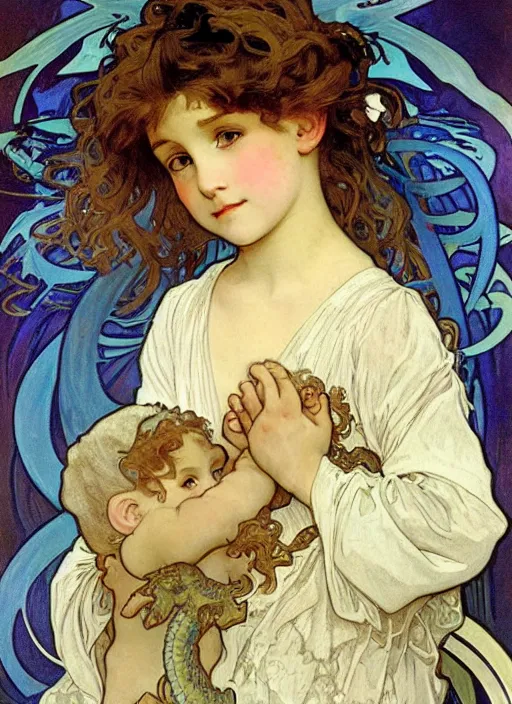 Prompt: a cute little girl with curly brown hair and blue eyes holds a blue baby dragon, beautiful painting by alphonse mucha.