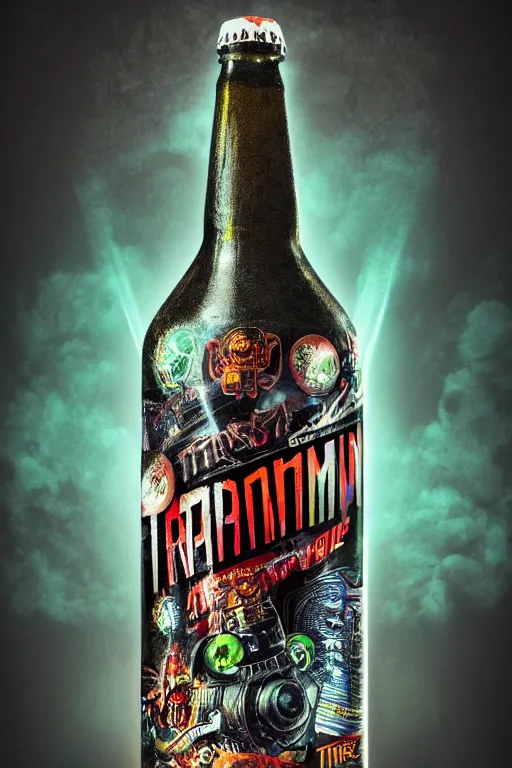 Image similar to photo of a beerbottle, band merchandise, bandname is tripmachine, tourname is invasion of the tripmachines, realistic digital art, label is printed with a 3 d render of a huge futuristic steampunk generator, 8 k, fluorescent colors, halluzinogenic, multicolored, exaggerated detailed, unreal engine