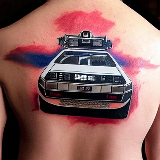 Image similar to a tatoo of delorean from back to the future,