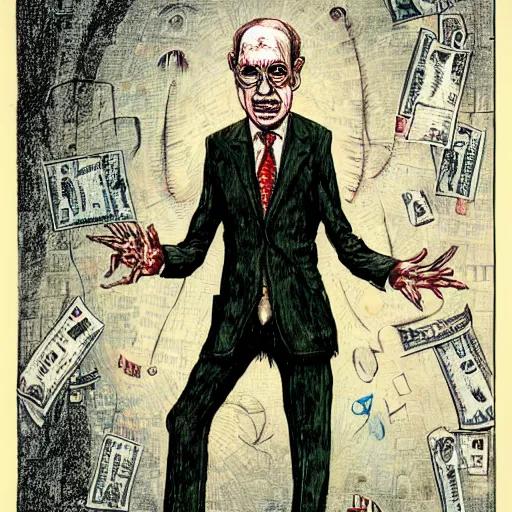 Image similar to Jacob Rothschild full body shot, dollar bills Body horror, biopunk, by Ralph Steadman, Francis Bacon, Hunter S Thompson