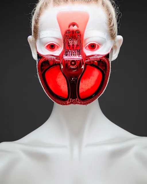 Image similar to symmetrical portrait of a woman wearing a red embroidered translucent silicone mask and white frizzy hair buns, wearing a black bodysuit by alexander mcqueen, cream white background, soft diffused light, biotechnology, humanoide robot, futuristic aesthetic, translucent, ethereal, intricate details, highly detailed, masterpiece,