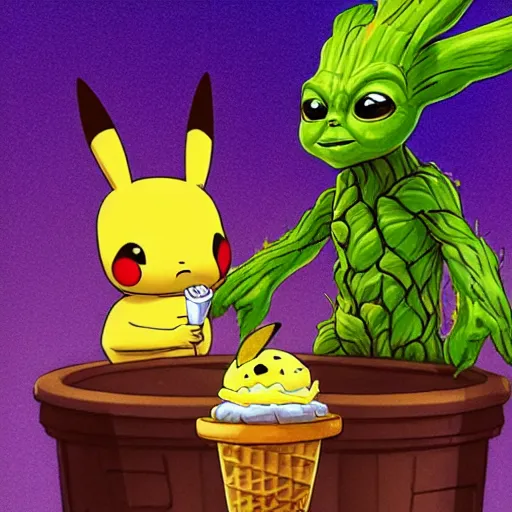 Image similar to Groot and baby Yoda eating an ice cream. In the back we see Pikachu, very detailed and beautiful lighting !highly detalied, 8k, artstation, by Rolf Armstron