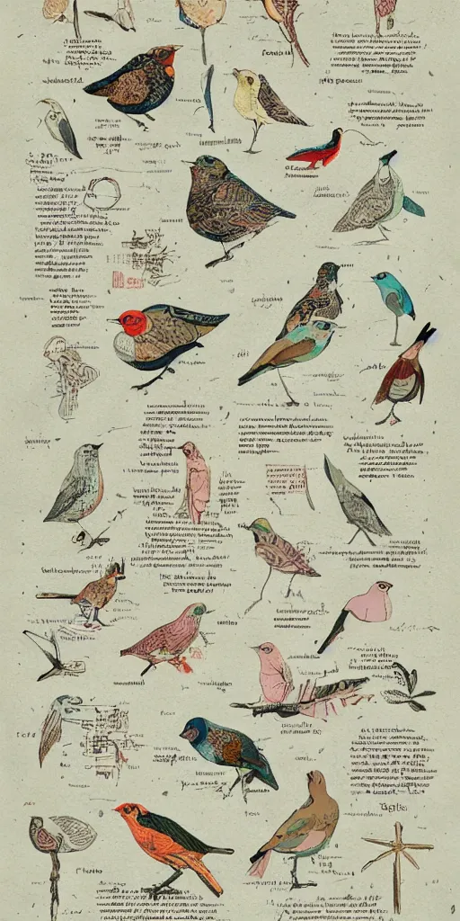 Image similar to anatomy of a bird, diagrams, map, marginalia, sketchbook, old script, inhabited initials, pastel infographic by Wes Anderson and victo ngai