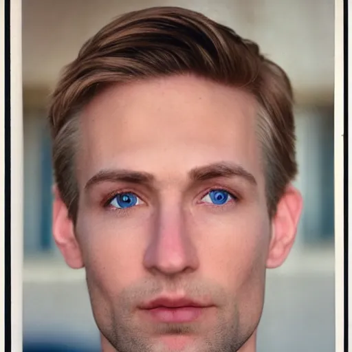 Image similar to full face color photograph of a 35 year old very handsome white man with very short light blond hair and small blue eyes, dressed in a maroon t shirt and black jeans, with very thin lips, with a straight nose and pale skin. He has masculine but gentle features.