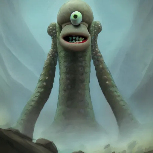 Image similar to squidward as a monster boss, matte painting