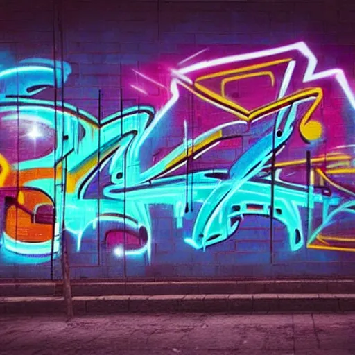 Prompt: beautiful graffiti on a wall in a cyberpunk city, happy mood, futuristic, neon, high detail, sunset, realistic