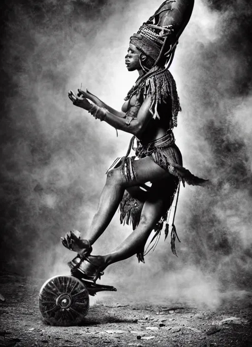 Prompt: old vintage photo of African ancient shaman female on the complex steam punk hooverboard with Jet engine, extreme sports photography , dynamic photography,clean symmetrical face, high speed,dirt and grawel flying in the spot, lens flares, dust in the air, dramatic lighting, intricate, highly detailed, centered, smooth, sharp focus, sports photography, old photo, black and white, sepia, cinematic lighting, cinematic angle, national geographic