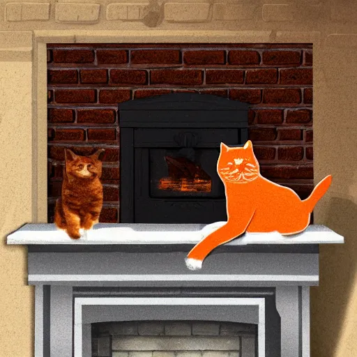 Image similar to an orange cat and a Pomeranian stuffed into a clear wine bottle on the mantle of a brick fireplace, digital illustration