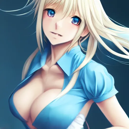 Image similar to a very beautiful anime cute girl, full body, long wavy blond hair, sky blue eyes, full round face, short smile, tight top, miniskirt, front view, medium shot, mid-shot, highly detailed, cinematic wallpaper by Stanley Artgerm Lau