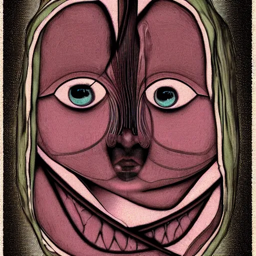 Prompt: portrait of human face inside is out of the skin, art nouveau, cyberpunk, grainy image