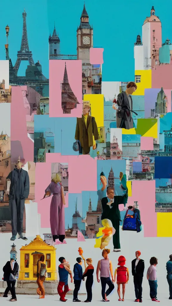 Prompt: a row of european tourists standing with a variety of poses and props, a collage painting, in the style of wes anderson, lola dupre, david hockney, isolated on negative white space background dark monochrome neon spraypaint accents volumetric octane render