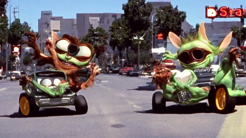 Image similar to Gremlins driving anthropomorphic self driving gremlin cars in downtown silicon valley, film still from banned media Gremlins 3 New World Order, directed by Joe Dante, Nathan Fielder and Groucho Marx