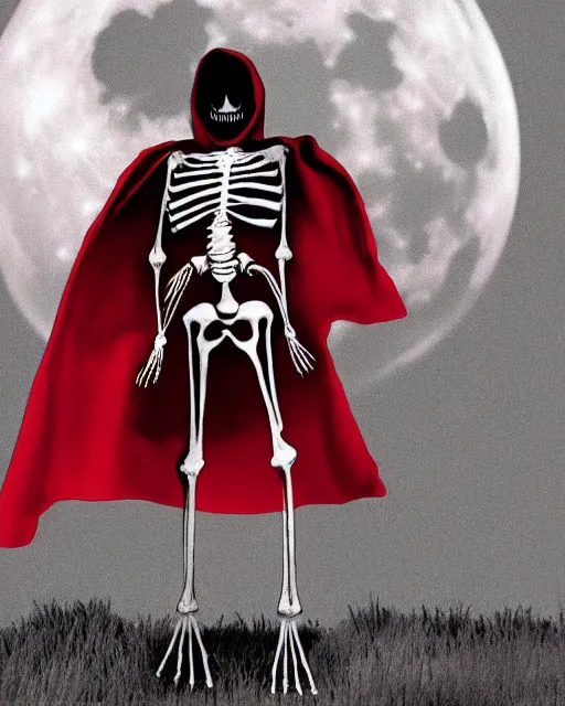 Prompt: A skeleton dressed in a red dress standing in front of a full moon with a black cape and a red cape over his head