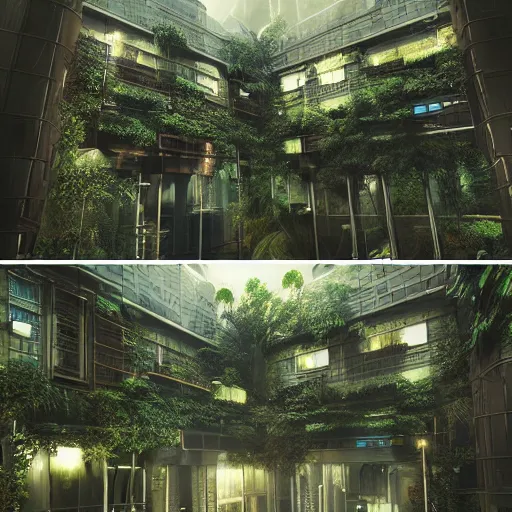 Prompt: dark cyberpunk futuristic greenhouse apartments in a tropical forest setting. dusty moody lighting. rain is falling down a central hole in the interior of the building into a pool. architectural concepts inspired by dune 2 0 4 9, 8 k, photorealism
