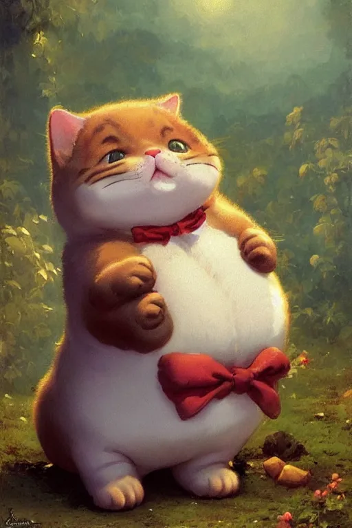 Image similar to a very cute kawai little fat cat baby, smiling and proud, from dr slump, beautiful painting by louis remy mignot, greg rutkowski, ilya repin, nice lighting, smooth tiny details, soft and clear shadows, low contrast, perfect