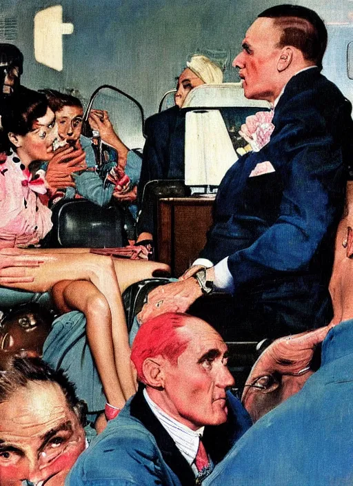 Image similar to dennis hopper berated by an air hostess in a hotel lobby, painted by norman rockwell and tom lovell and frank schoonover, pink and blue