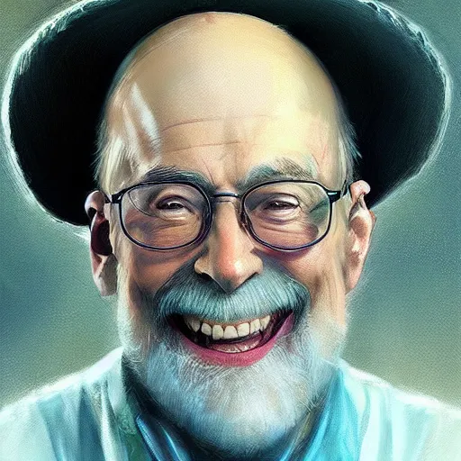Image similar to terry pratchett laughing, portrait by wlop and ross tran, colorful