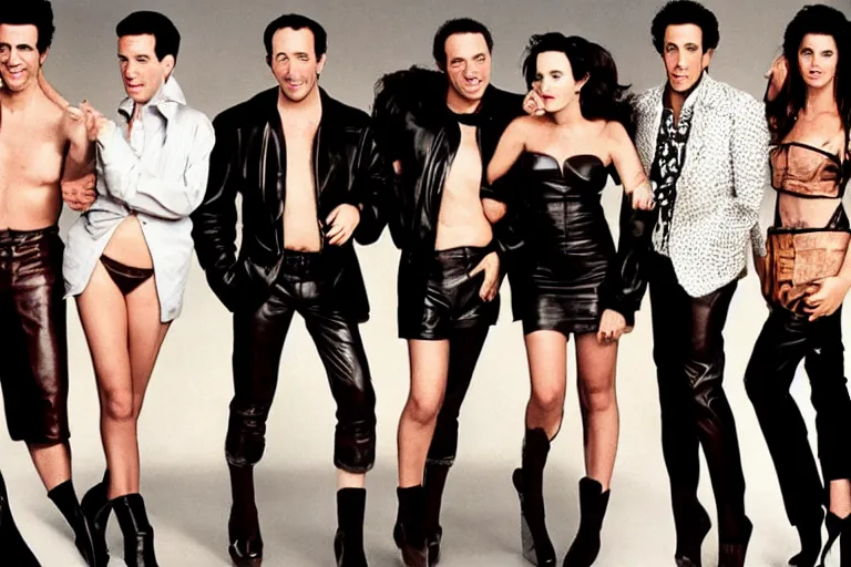 Prompt: a high fashion photograph of the cast of seinfeld wearing leather, rolling stone magazine, fashion photography.