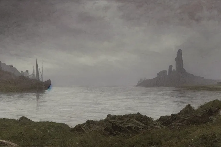 Prompt: a grey mushy organic leviathan rising from the water at a sea shore, foggy day, cinematic scene, matte paitning, grey shift, scp, art by caspar david friedrich and alphonse mucha