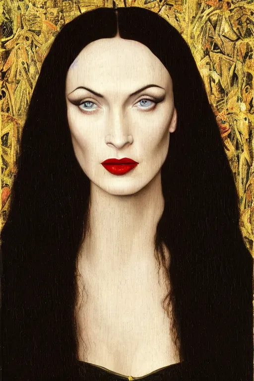 Image similar to portrait of megan fox as morticia addams, oil painting by jan van eyck, northern renaissance art, oil on canvas, wet - on - wet technique, realistic, expressive emotions, intricate textures, illusionistic detail