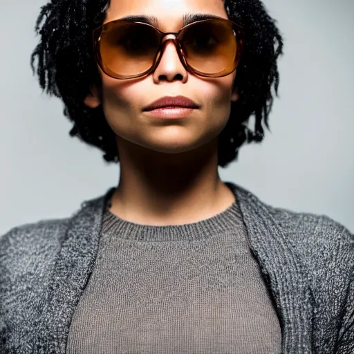 Prompt: Fully-clothed full-body close-up portrait of Zoë Kravitz wearing sun glasses, XF IQ4, 50mm, F1.4, studio lighting, professional, 8K