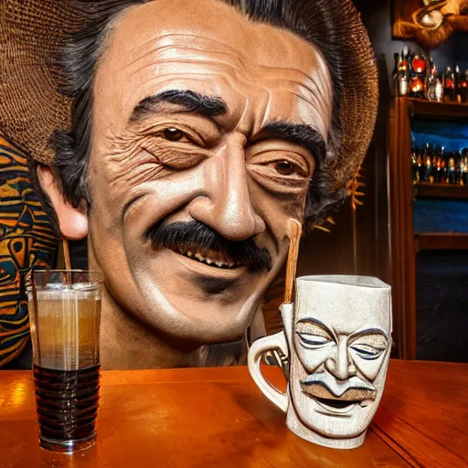 Image similar to a closeup photorealistic photograph of smiling salvador dali at trader vic's bar sitting next to a trader vic's style tiki mug featuring the face of salvador dali. tiki culture. bright scene. 4 k hd image that's trending on artstation, featured on behance, well rendered, extra crisp, features epic composition and the style of unreal engine.