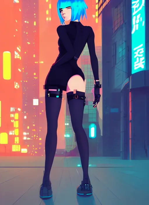 Image similar to digital illustration of cyberpunk pretty girl with blue hair, wearing a tight black dress, full body pose, in city street at night, by makoto shinkai, ilya kuvshinov, lois van baarle, rossdraws, basquiat