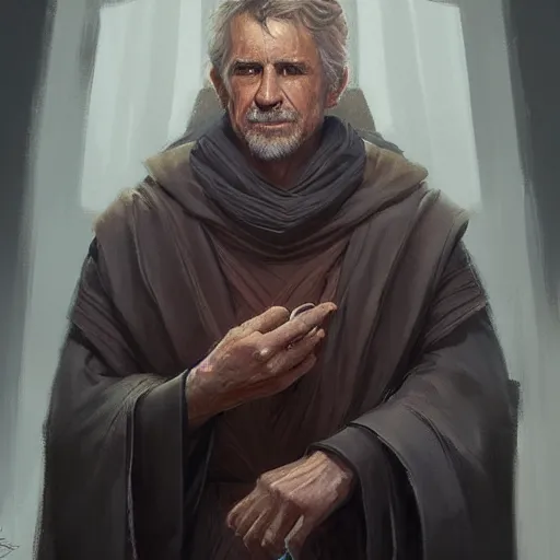 Image similar to portrait of a man by greg rutkowski, grand jedi master ben skywalker, star wars expanded universe, he is about 6 0 years old, wearing jedi robes highly detailed portrait, digital painting, artstation, concept art, smooth, sharp foccus ilustration, artstation hq