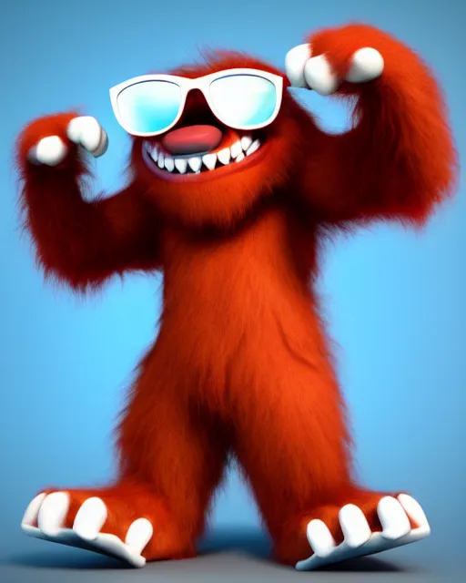 Prompt: 3 d render of completely red hairy friendly antropomorphic cartoony creature wearing white ray - ban shades, full body, simple, smiling, cute, white background, unreal engine 5 hdr