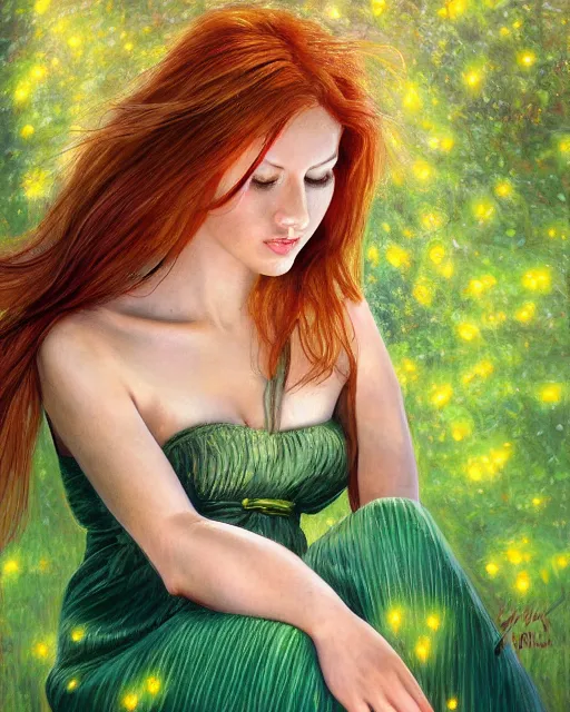 Prompt: a young woman, admiring the lights of golden fireflies, sitting in the midst of nature fully covered with a wonderful dress, long loose red hair, intricate details, green eyes, small nose with freckles, oval shape face, soft happy smile, realistic, expressive emotions, hyper realistic highly detailed art by april gornik and artgerm