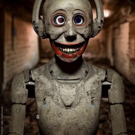 Image similar to photo of an abandoned dirty humanoid robot looking at the camera and smiling with a creepy face in a basement by Greg Rutkowski, dark, creepy, horror, disgusting, dust, brown scheme color, uncanny valley, full shot, photo photo, depth of field, red eyes