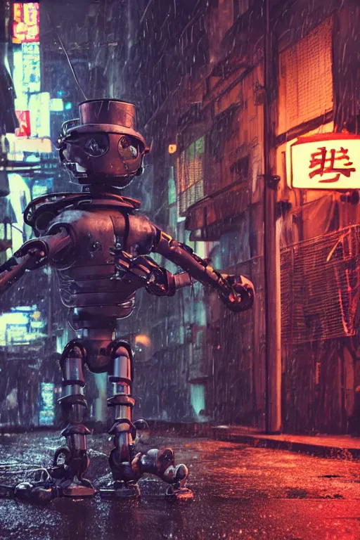 Prompt: an old robot with treads swinging a samurai sword. Rainy Grungy neon cyberpunk alleyways in the background Badass pose , Photo realistic , Gregory Crewdson , Award winning. Masterpiece, exquisite detail, post processing