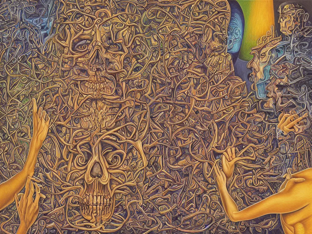 Image similar to expression of mind-matter interaction through death by Alex Grey and M. C. Escher collaboration, digital painting, Groundcore