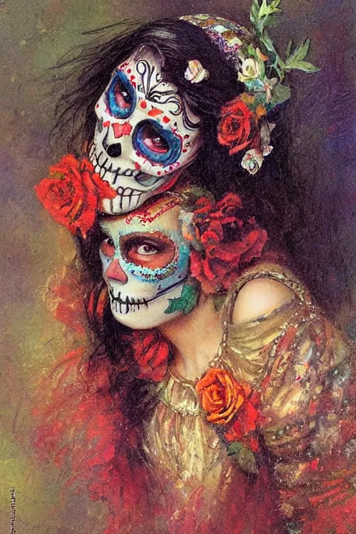 Prompt: illustration of a sugar skull day of the dead girl, art by gaston bussiere