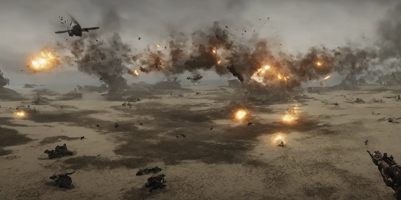 Image similar to fantasy d-day beach landing, realistic, explosions, cinematic, dragons, unreal engine