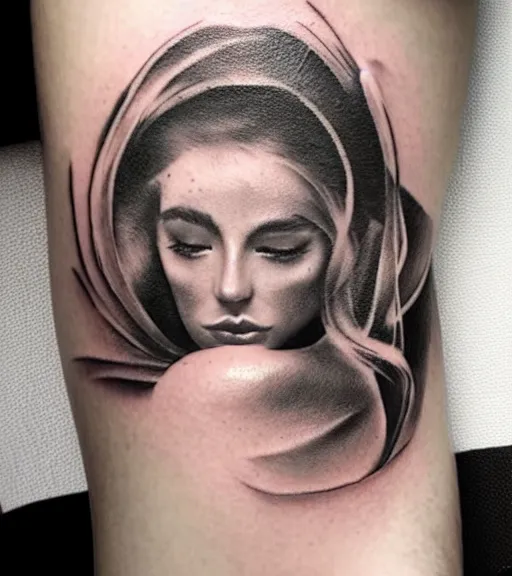 Image similar to tattoo design sketch of an extremely beautiful woman face with a faded background of stunning mountain view on her side, hyper - realistic, in the style of matteo pasqualin, amazing detail, black and white, faded