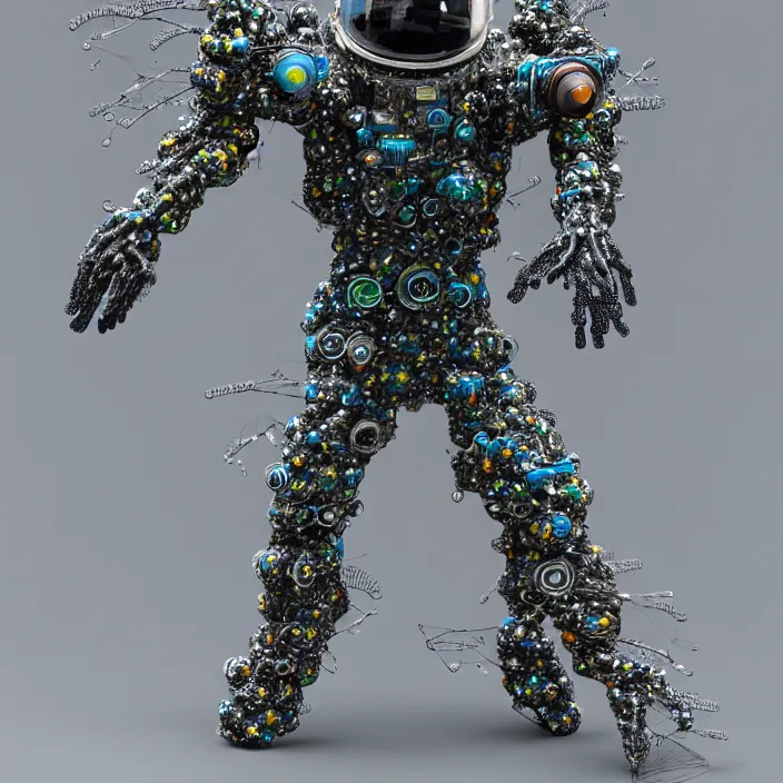 Image similar to a cybernetic symbiosis of a single astronaut mech-organic eva suit made of pearlescent wearing anodized thread knitted shiny ceramic multi colored yarn thread infected with kevlar,ferrofluid drips,carbon fiber,ceramic cracks,gaseous blob materials and diamond 3d fractal lace iridescent bubble 3d skin dotted covered with orb stalks of insectoid compound eye camera lenses orbs floats through the living room, film still from the movie directed by Denis Villeneuve with art direction by Salvador Dalí, wide lens,