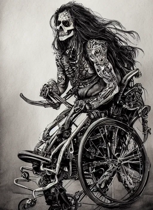 Image similar to portrait, Long haired biker skeleton in a wheelchair, has tattoos, watercolor, dramatic lighting, cinematic, establishing shot, extremely high detail, foto realistic, cinematic lighting, pen and ink, intricate line drawings, by Yoshitaka Amano, Ruan Jia, Kentaro Miura, Artgerm, post processed, concept art, artstation, matte painting, style by eddie mendoza, raphael lacoste, alex ross