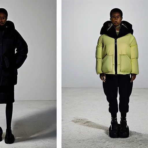 Image similar to realistic photoshooting for a new acne studio lookbook, color film photography, close up, model is wearing a puffer jacket, photo of a woman, photo in style of tyler mitchell, 3 5 mm, vetements, balenciaga, commes des garcon