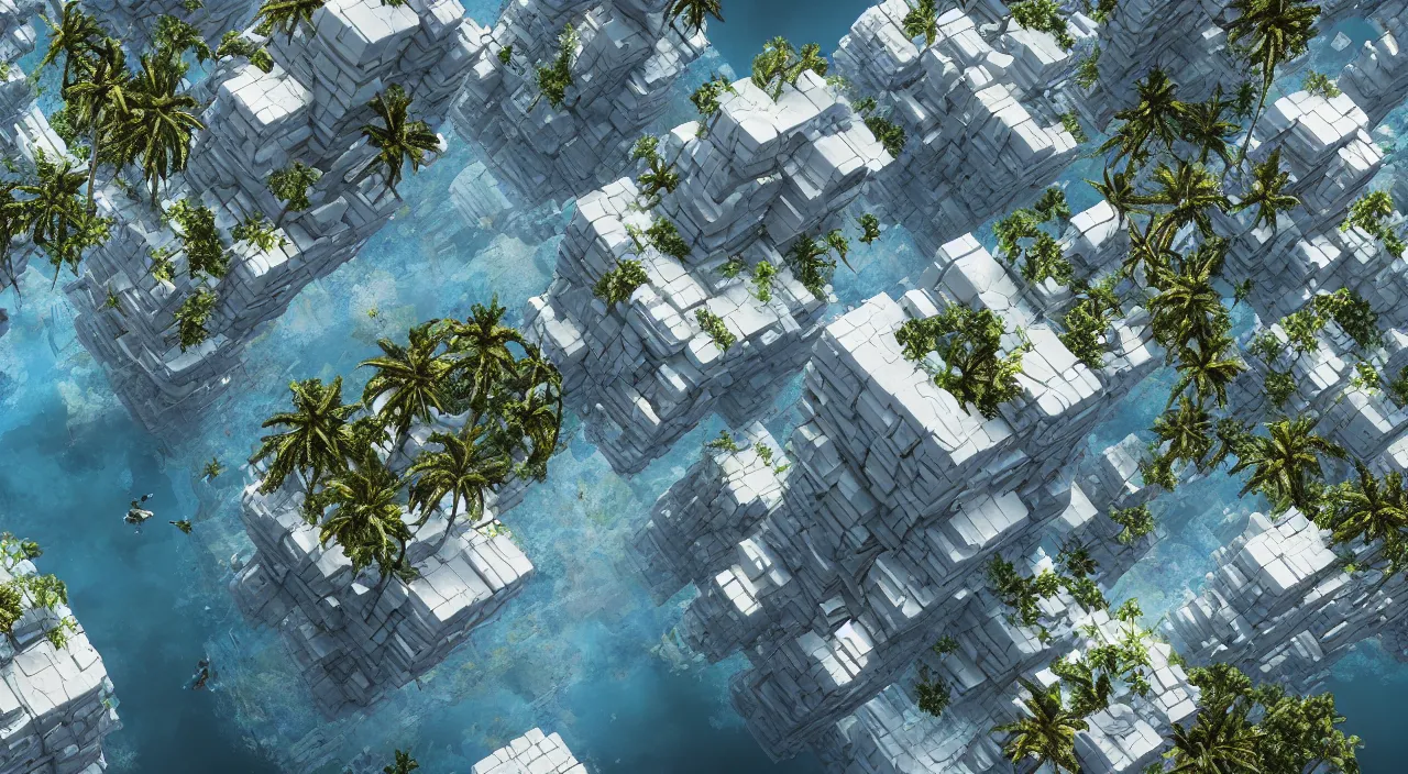 Image similar to a matte painting of high - tech floating city earthquake, concept art, gravels around, coconut palms, weightlessness, reverse, by oksana dobrovolska, vicotr hugo harmatiuk, joon ahn, yang qi, romain jouandeau, quy ho, karol bak, beeple, 4 k, unreal engine, vray render, artstation