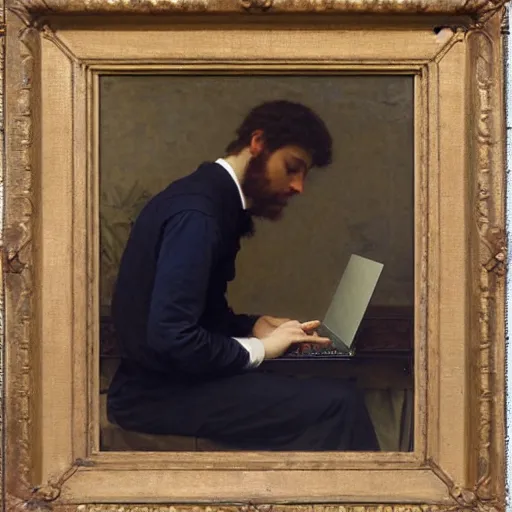 Prompt: an oil painting of an man playing a laptop, view from back, by Bouguereau, highly detailed and intricate,