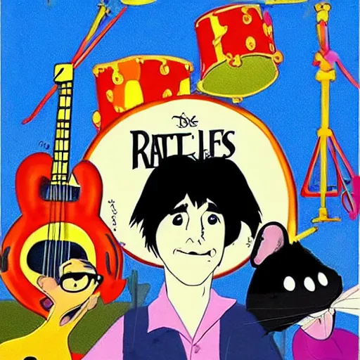 Prompt: rats playing in a rock band inspired by the beatles, slice of life, ghibli and disney animation, 7 0 s art by ken anderson and mel shaw,