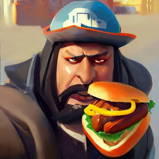 Prompt: greg manchess portrait painting of new york hotdog stand overwatch character, medium shot, asymmetrical, profile picture, organic painting, sunny day, matte painting, bold shapes, hard edges, street art, trending on artstation, by huang guangjian and gil elvgren and sachin teng