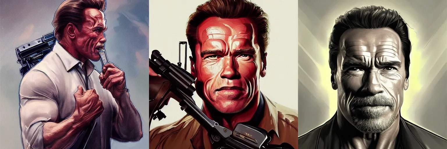 Prompt: portrait of Arnold Schwarzenegger as a detective, highly detailed, digital painting, artstation, concept art, sharp focus, illustration, art by artgerm and greg rutkowski and alphonse mucha