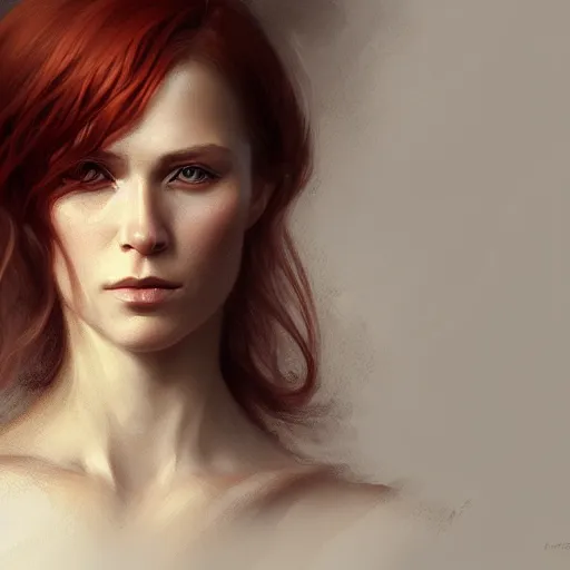 Image similar to A full portrait of Nordic female, 30 years old, brown red long hair, intricate, elegant, highly detailed, digital painting, artstation, concept art, smooth, sharp focus, illustration, art by Krenz Cushart and Artem Demura
