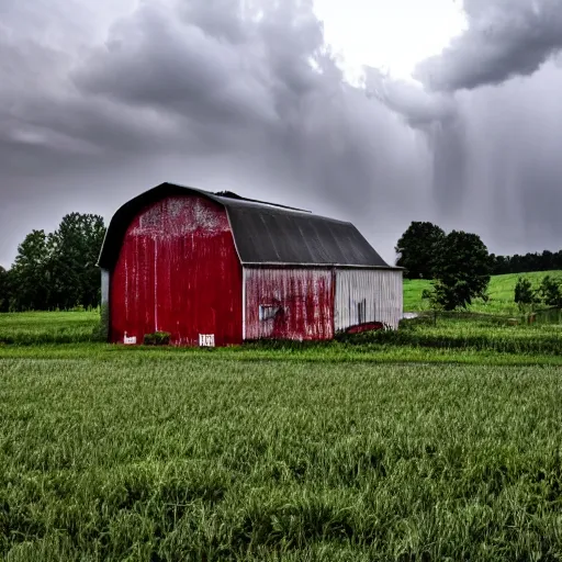 Image similar to A horrible thunderstorm overtop a field with a barn