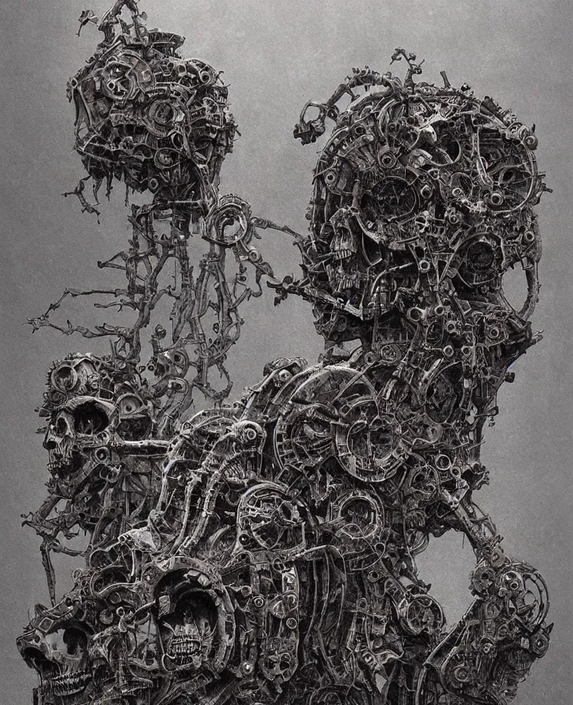 Prompt: Ghost machine, creepy frightening eerie gothic mysterious , Beksinski, Greg Hildebrandt, 8k highly detailed ❤️‍🔥 🔥 💀 🤖 🚀 mechanism gears motor hardware haunting spirit skull